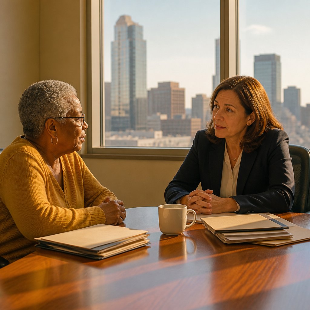 Protagonist and new supervisor seated in conference room, tension visible on their faces.