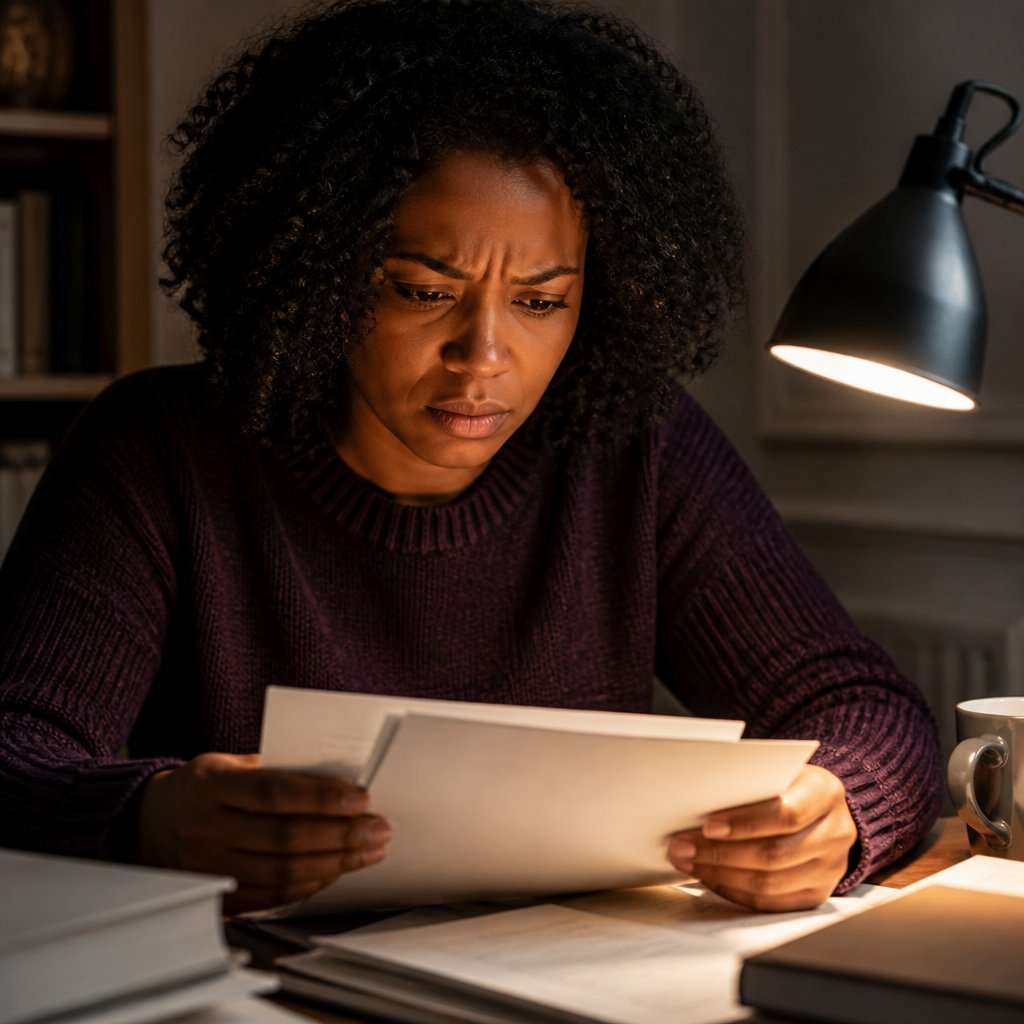 Woman reviewing printed notes in a dim study, looking determined and troubled.