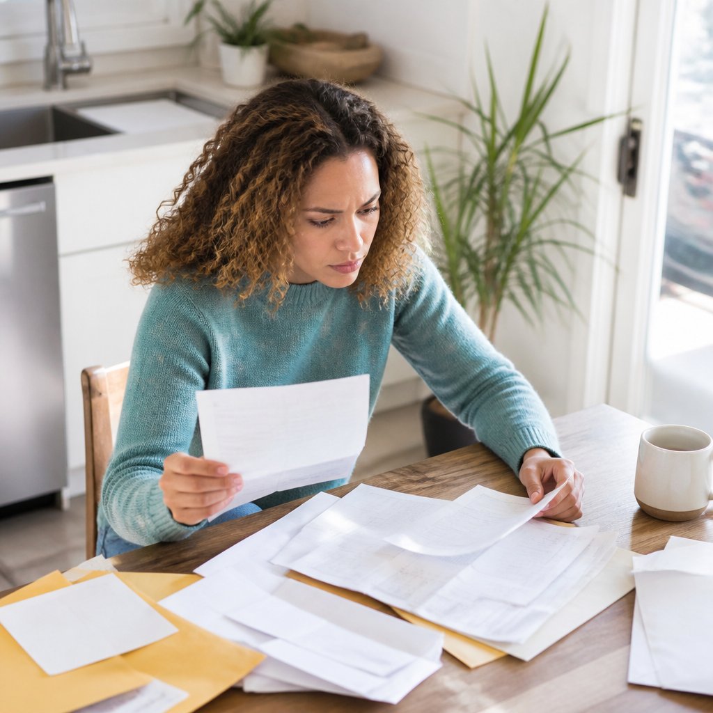 Woman reviewing incomplete medical records at home kitchen table.