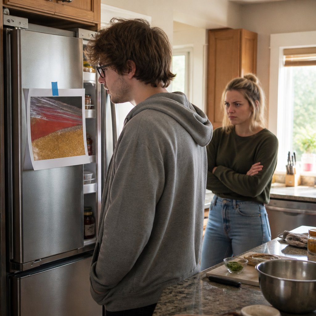 Man and woman examining printed photo of spice packet label on refrigerator
