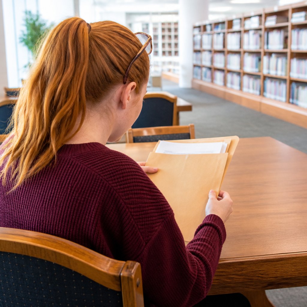 Woman reviewing incomplete medical records envelope in library reading room.