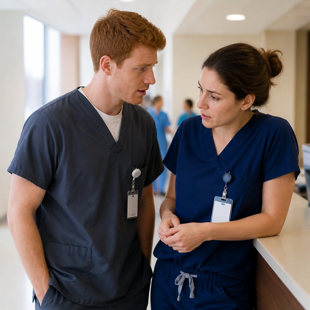 Young red-haired man talks quietly with nurse in hospital hallway, looking serious and concerned.