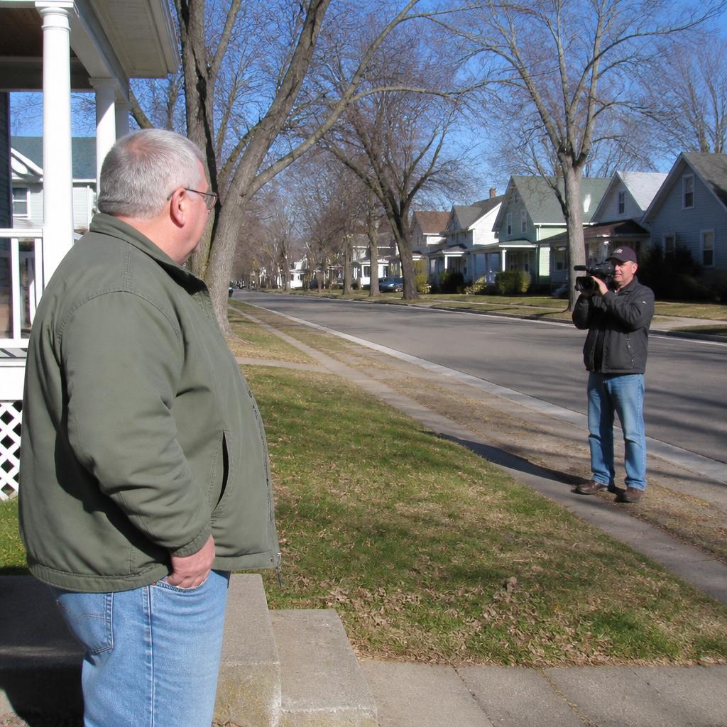Man watching a stranger filming his driveway from across the street; tension in the air.