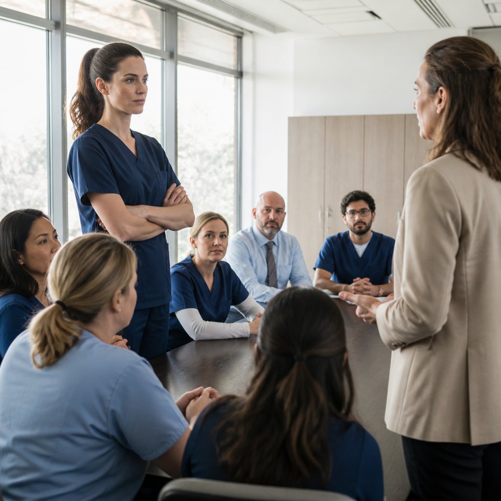 Risk management briefing hospital staff about documentation restrictions during meeting