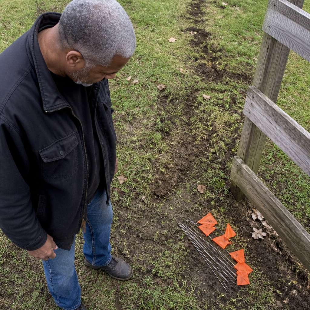 Man looking down at pulled survey flags and stakes scattered on grass near fence.