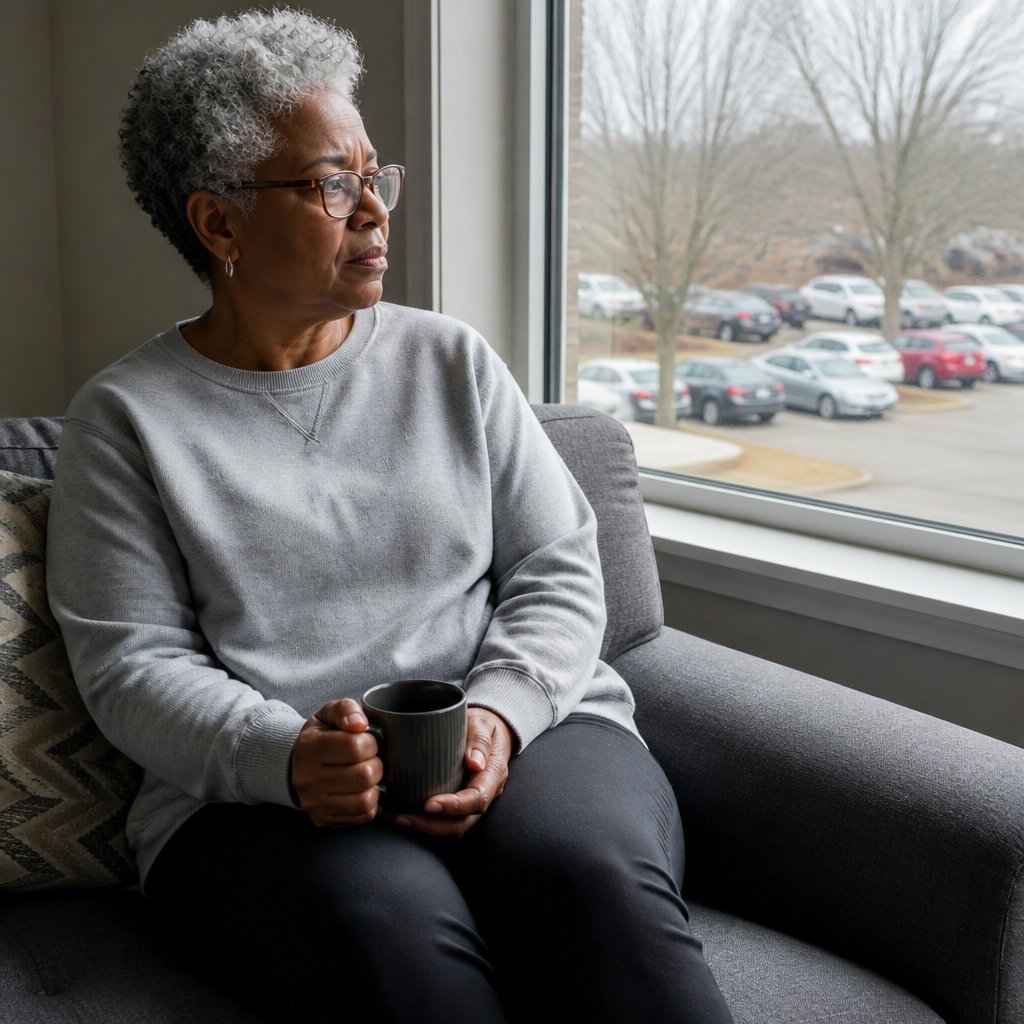 Woman sitting on sofa staring out window, wrestling with a difficult decision.