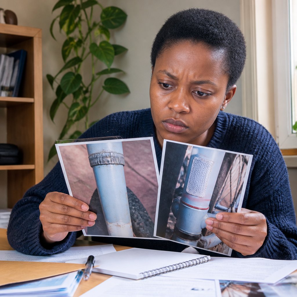 Woman holding printed photos showing bike fork serial and sticker at desk.