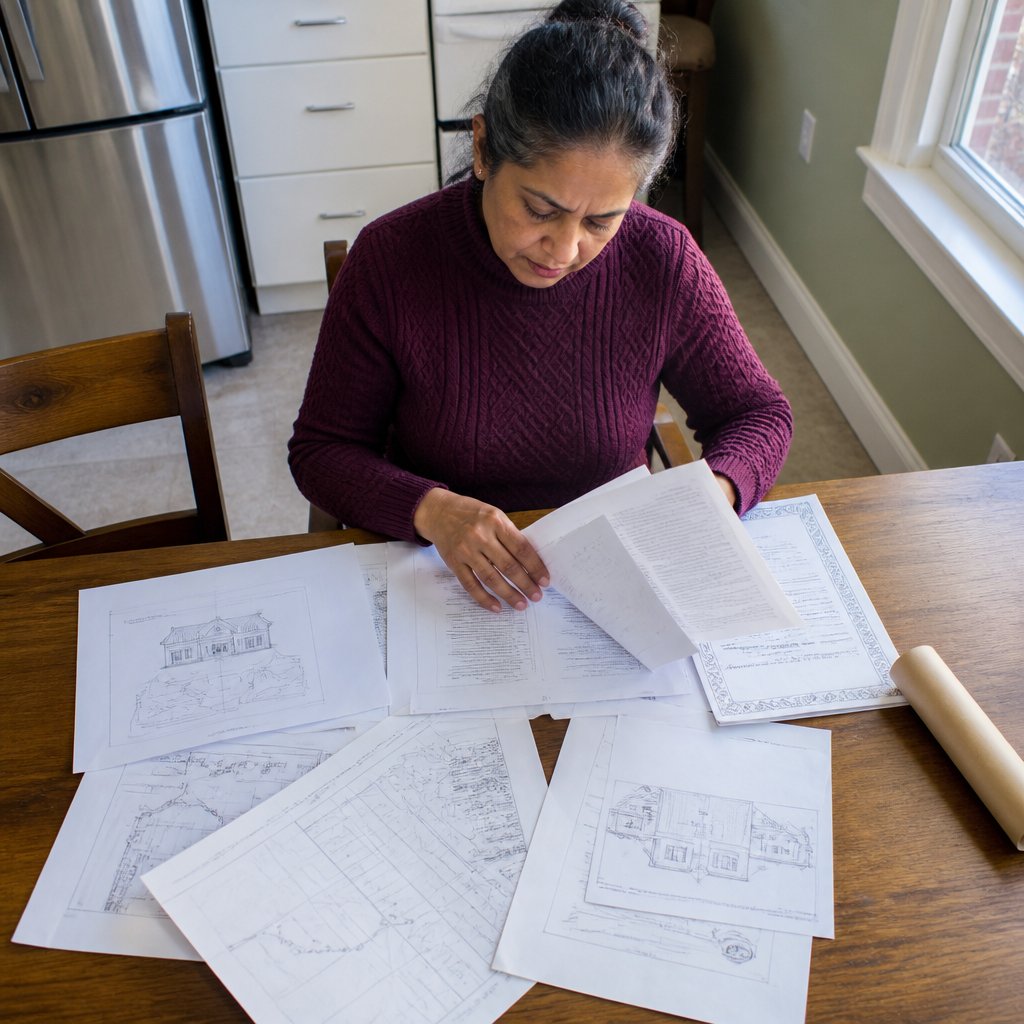 Woman reviewing property documents at kitchen table with a furrowed brow