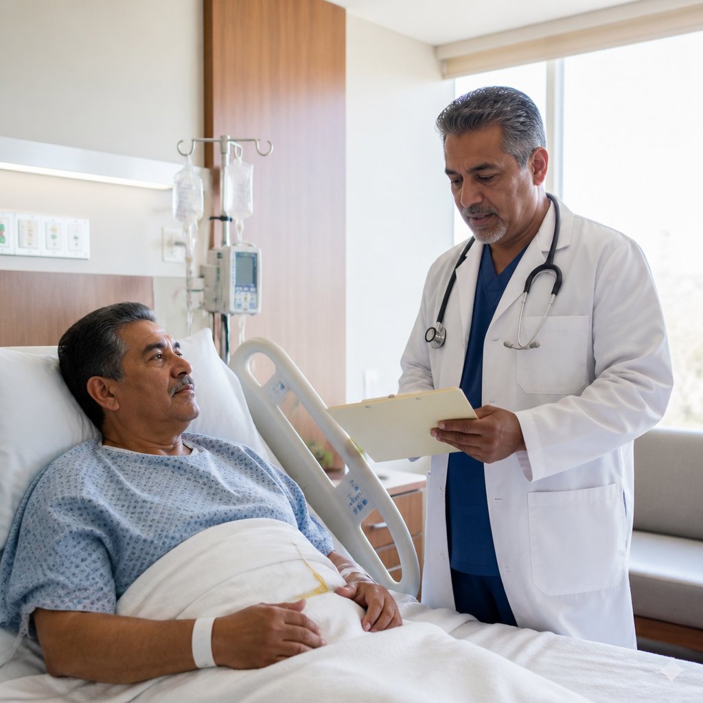 Latino patient lying in hospital bed while nephrologist reviews charts nearby.