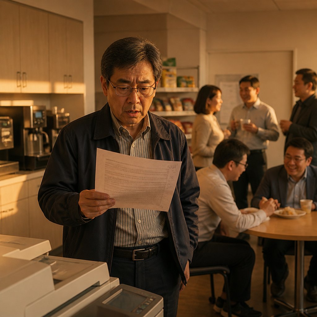 Older East Asian man holding printed wellness list with margin notes in break room.
