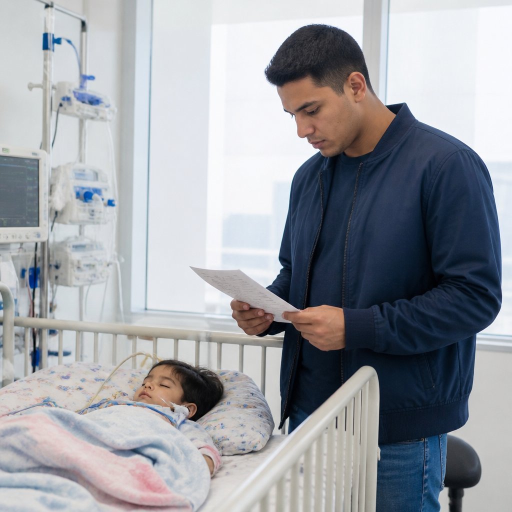 Young Latino man reviewing immunization chart beside hospitalized toddler in hospital room.