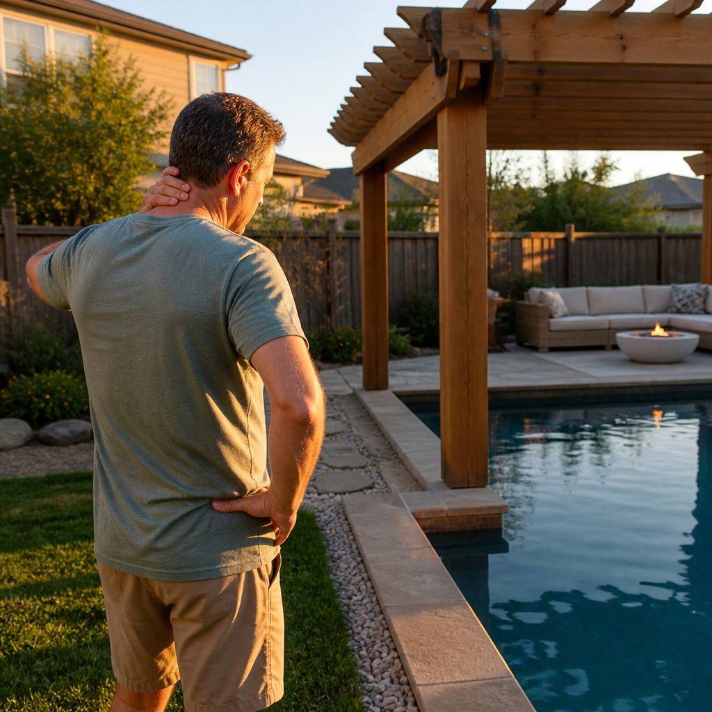 Man looking at pergola near pool with sudden worried realization about what they'd done