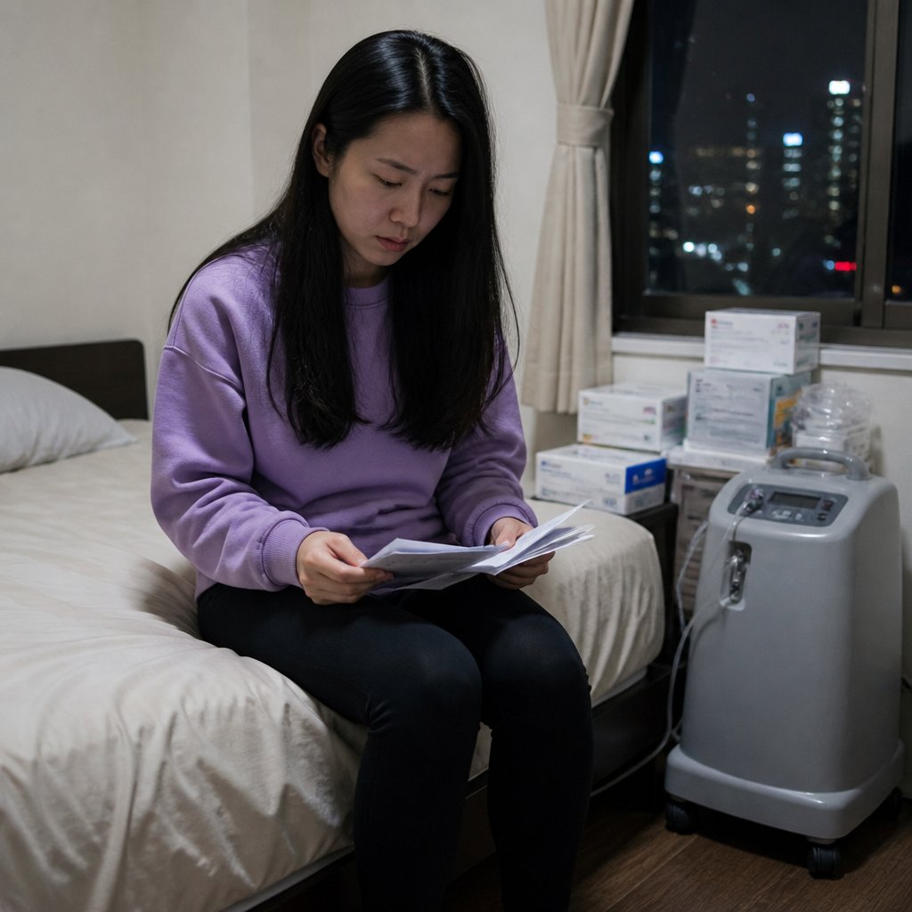 Tired East Asian woman with PICC line equipment and oxygen machine at home sorting bills.