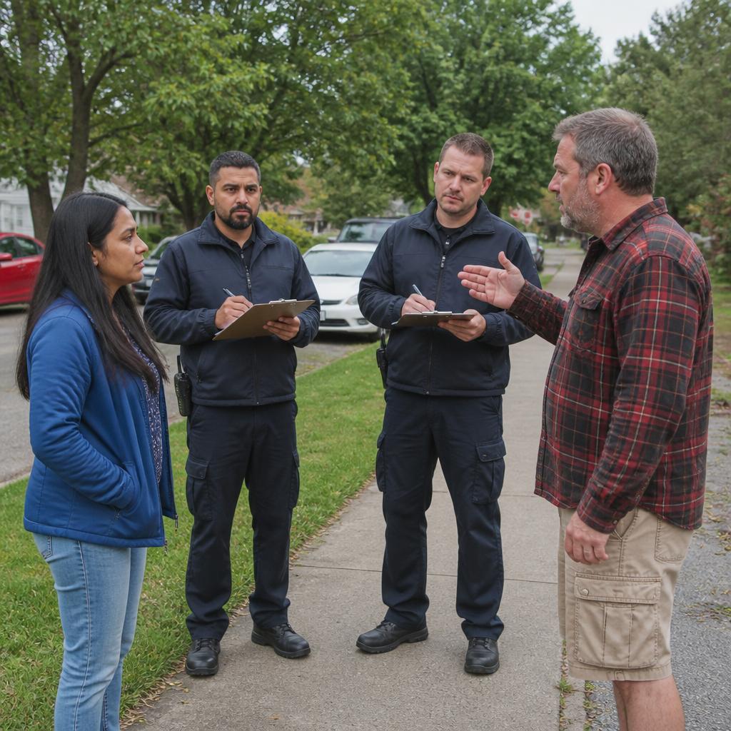 Woman in blue jacket arguing with neighbor while city code officers observe during dispute over survey.