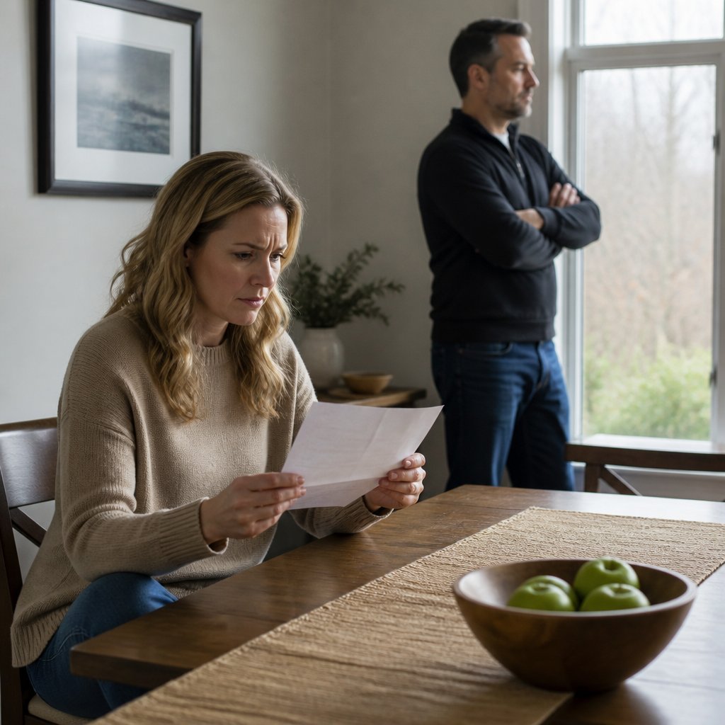 Homeowner sits worried at table after neighbor demands money to approve beam replacement.