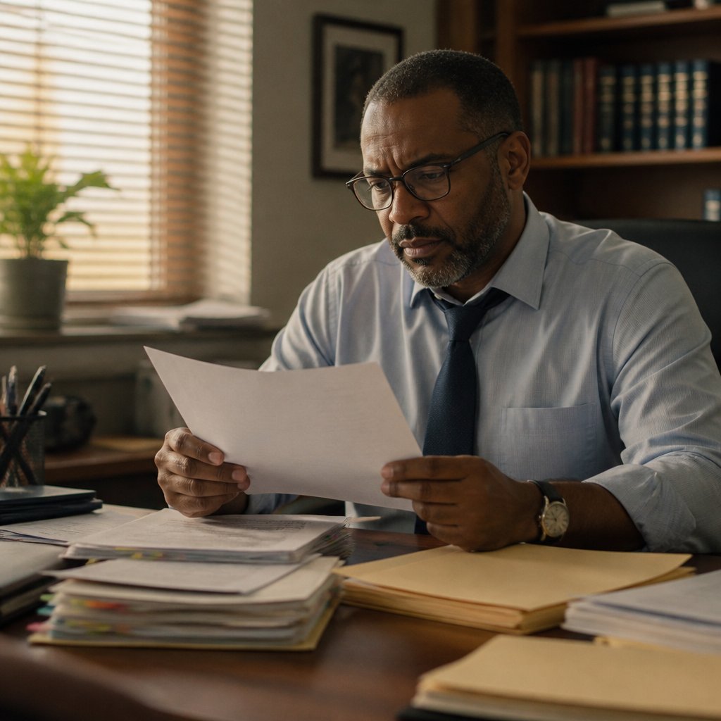 Attorney reviewing evidence of prior incidents with grim satisfaction
