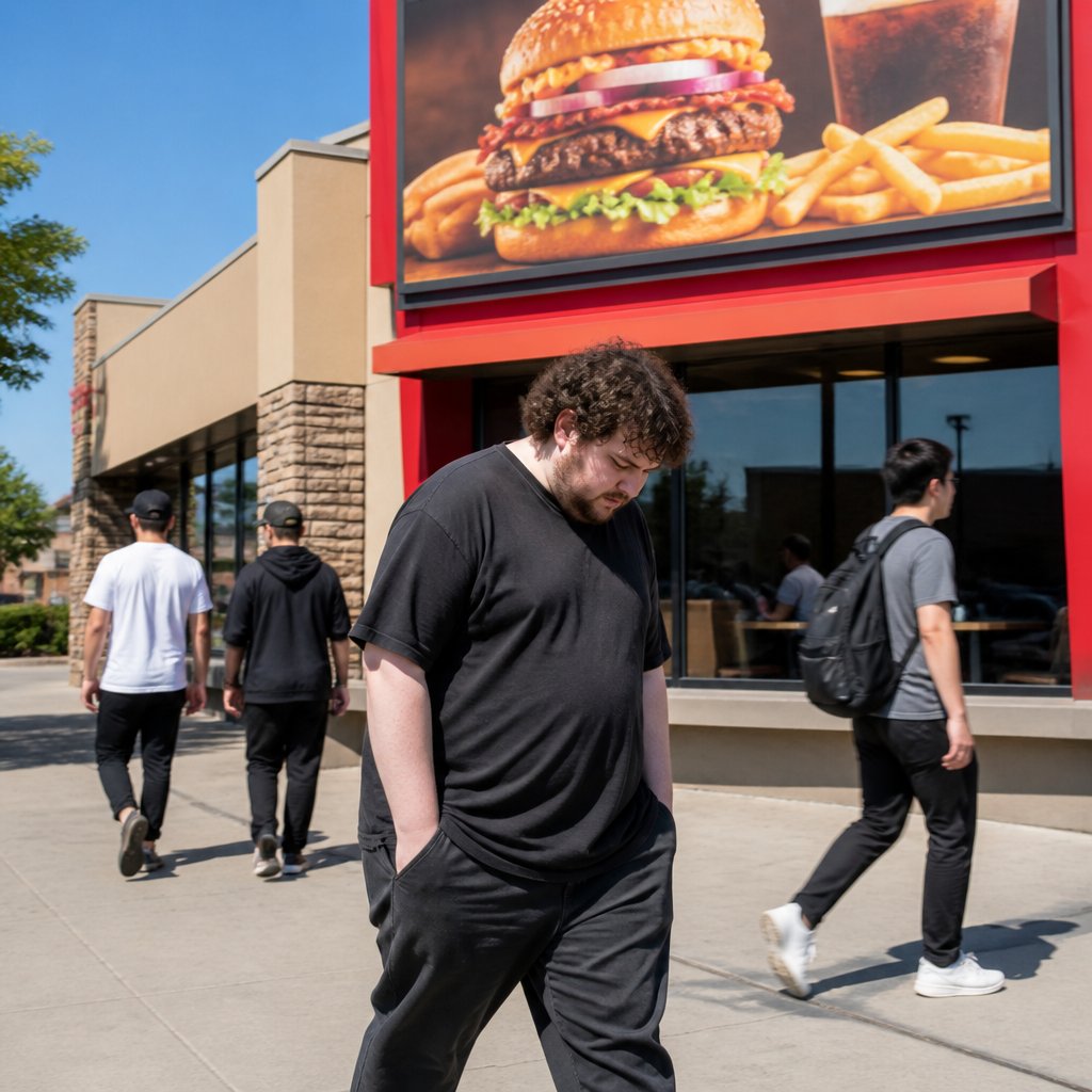 Man walking past fast food restaurant deliberately not looking at the billboard above