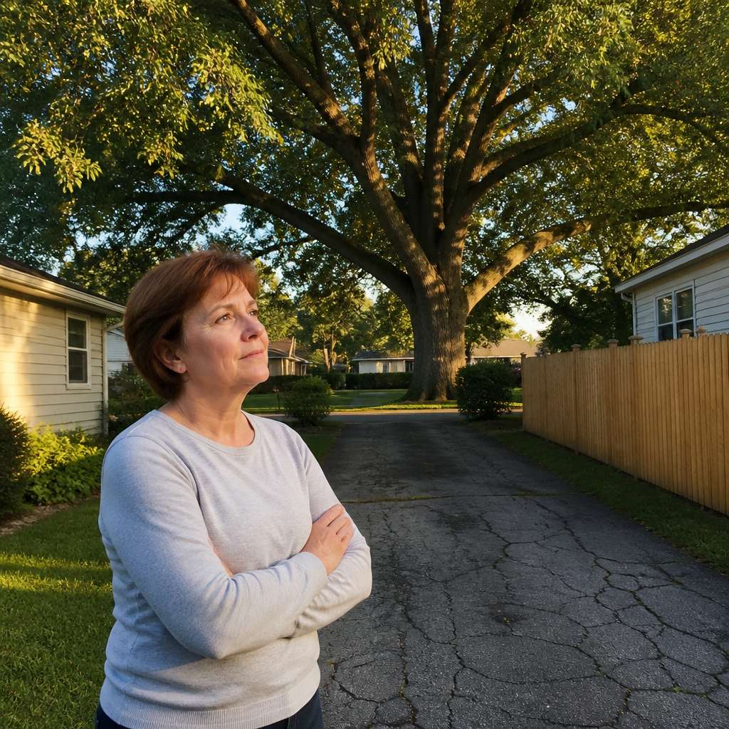 Woman looking at her own massive oak tree with resignation, cracked driveway in foreground