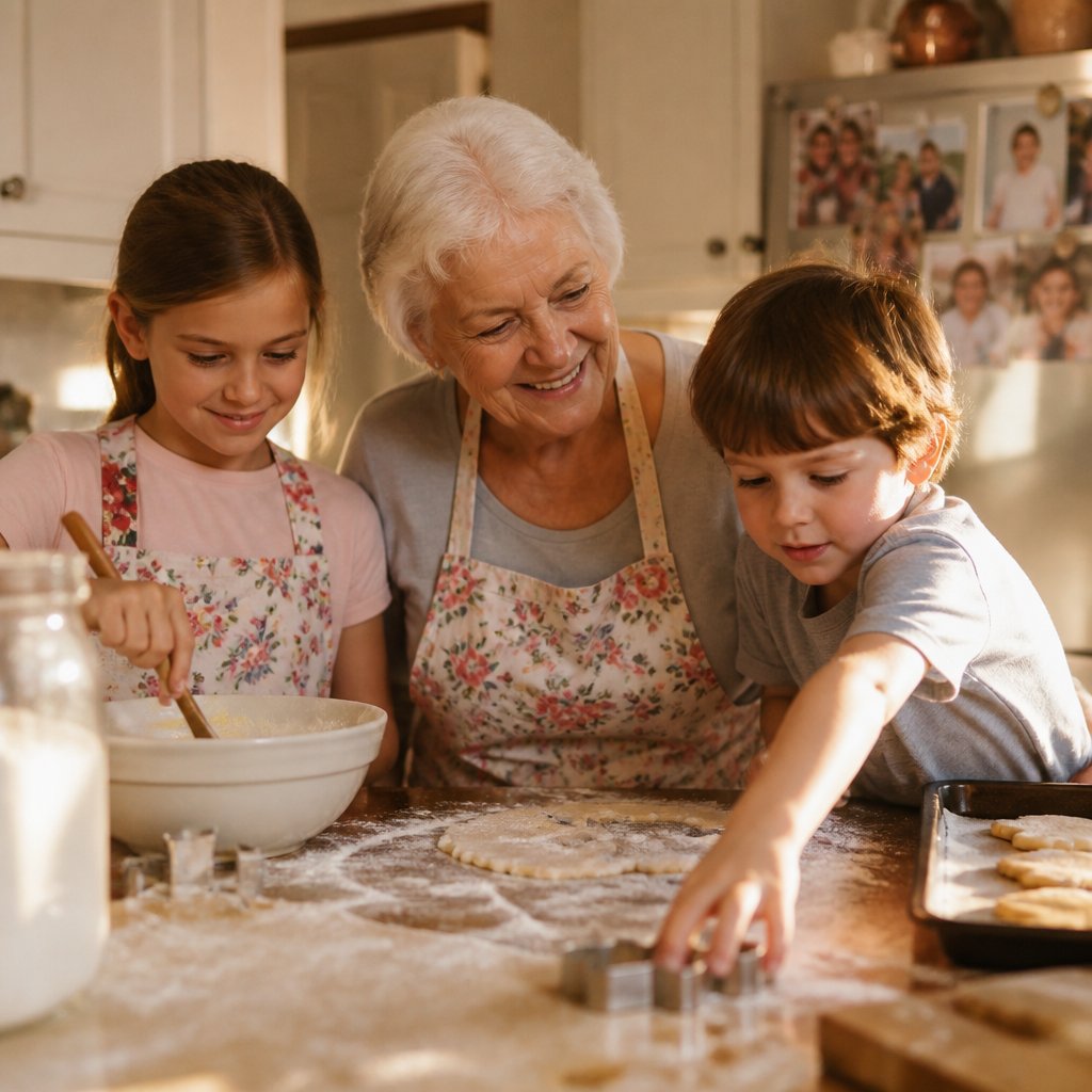 Grandmother baking cookies with two grandchildren in warm kitchen, pure happiness