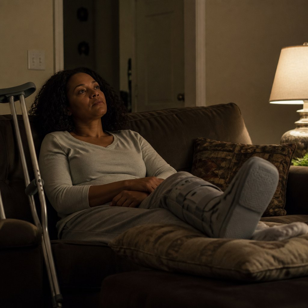 Woman on couch with leg in orthopedic boot, staring at ceiling with troubled expression