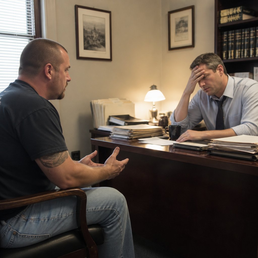 Man in lawyer's office having a tense conversation with his attorney who looks exasperated