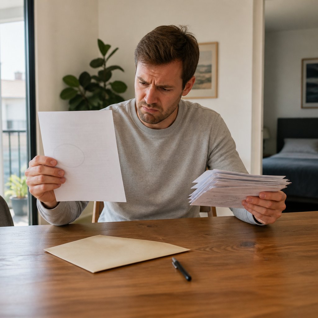 Person sitting on a couch reading a letter with a worried look, surrounded by cluttered papers and a coffee mug.