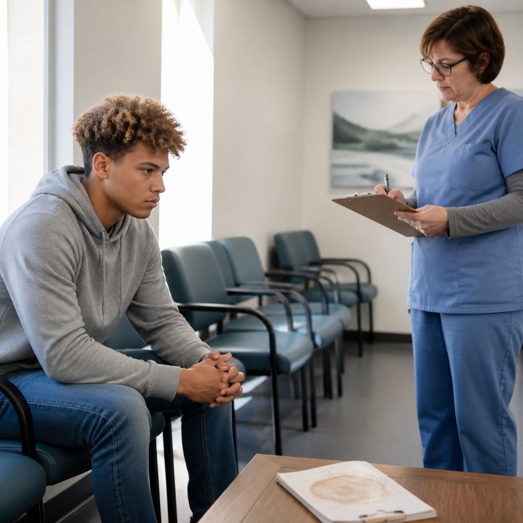 A young man in casual clothes sitting tensely in a clinic waiting room while a nurse case manager stands nearby writing on a clipboard.