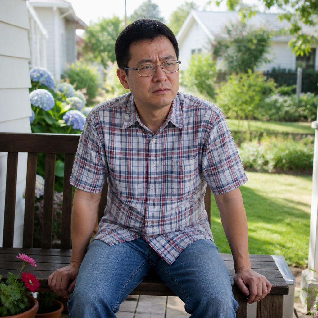 Man sitting on porch bench, looking skeptical with hands gripping the wood.