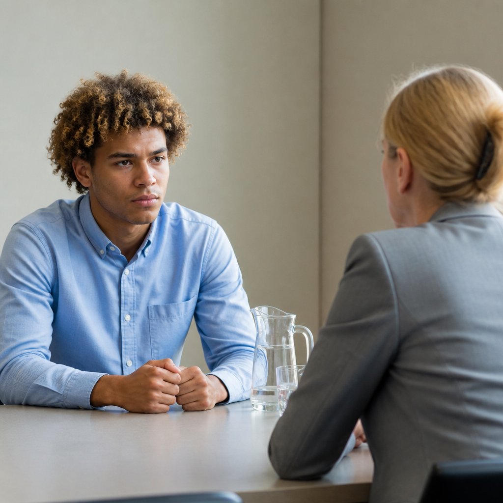 Young man in blue shirt sits tensely across from a woman in a grey suit in a conference room.