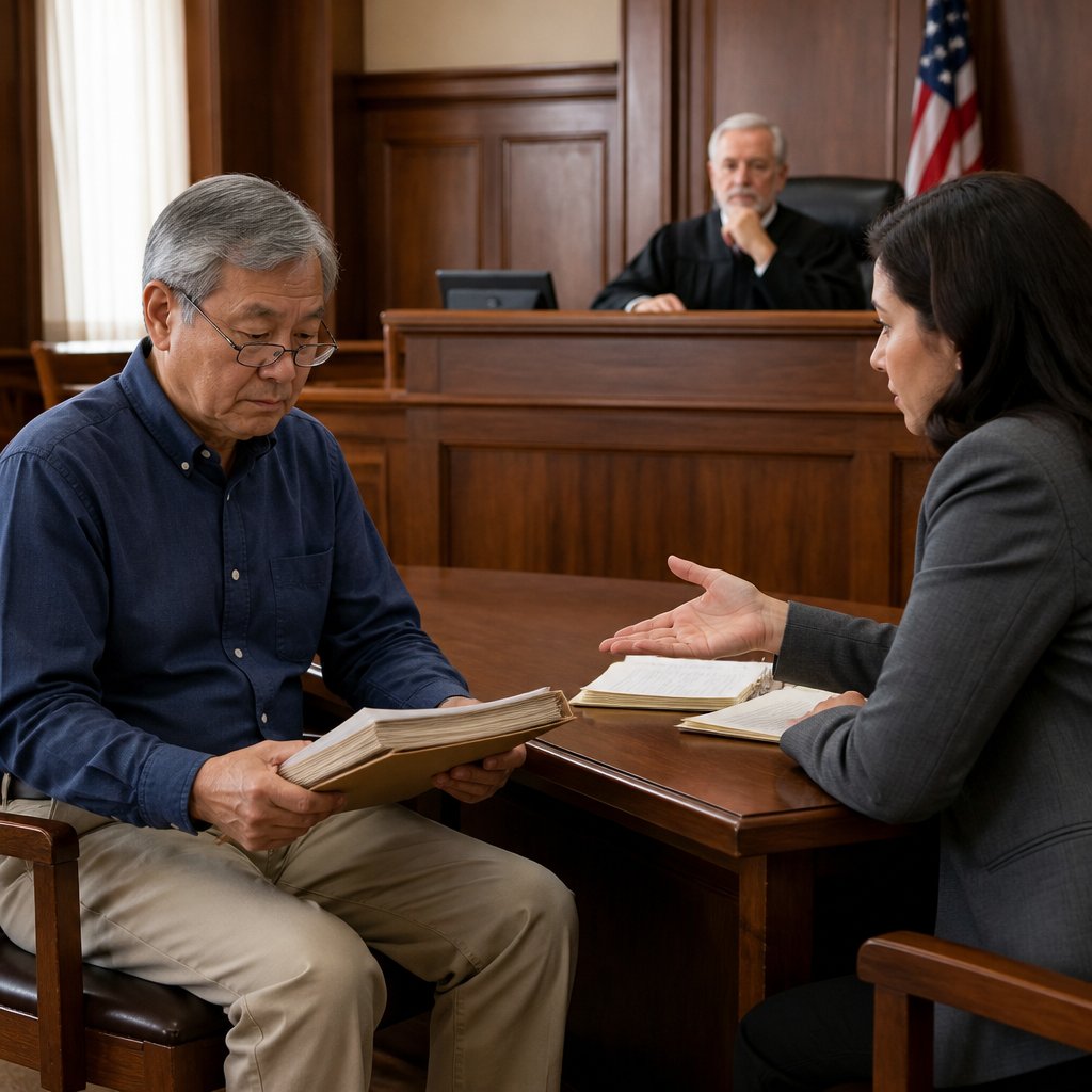 Older East Asian man holding documents in courtroom facing younger female lawyer and judge