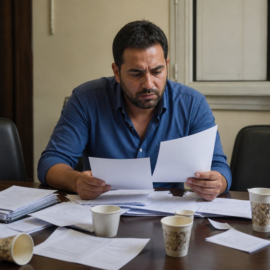 Man examining bank collection notes at a cluttered conference table