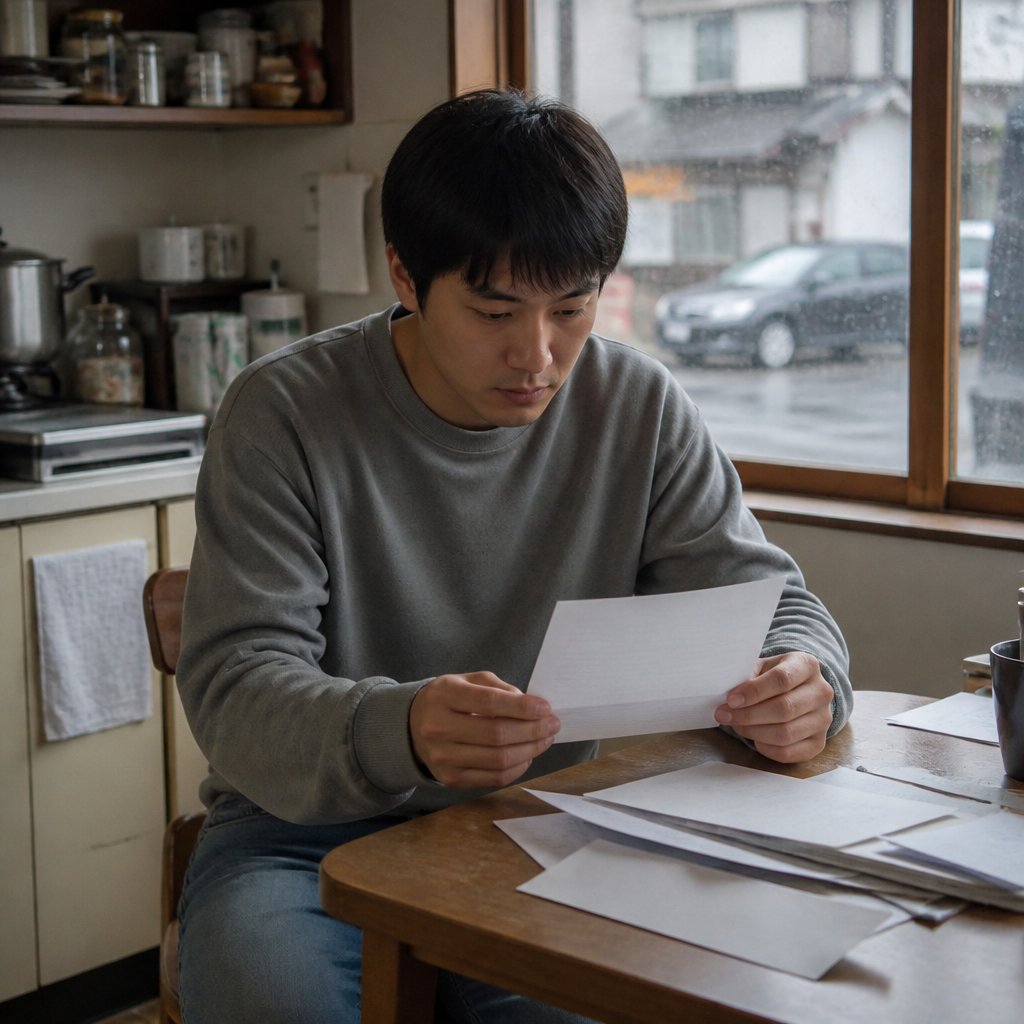 Man reading a serious letter at his kitchen table on a rainy day.