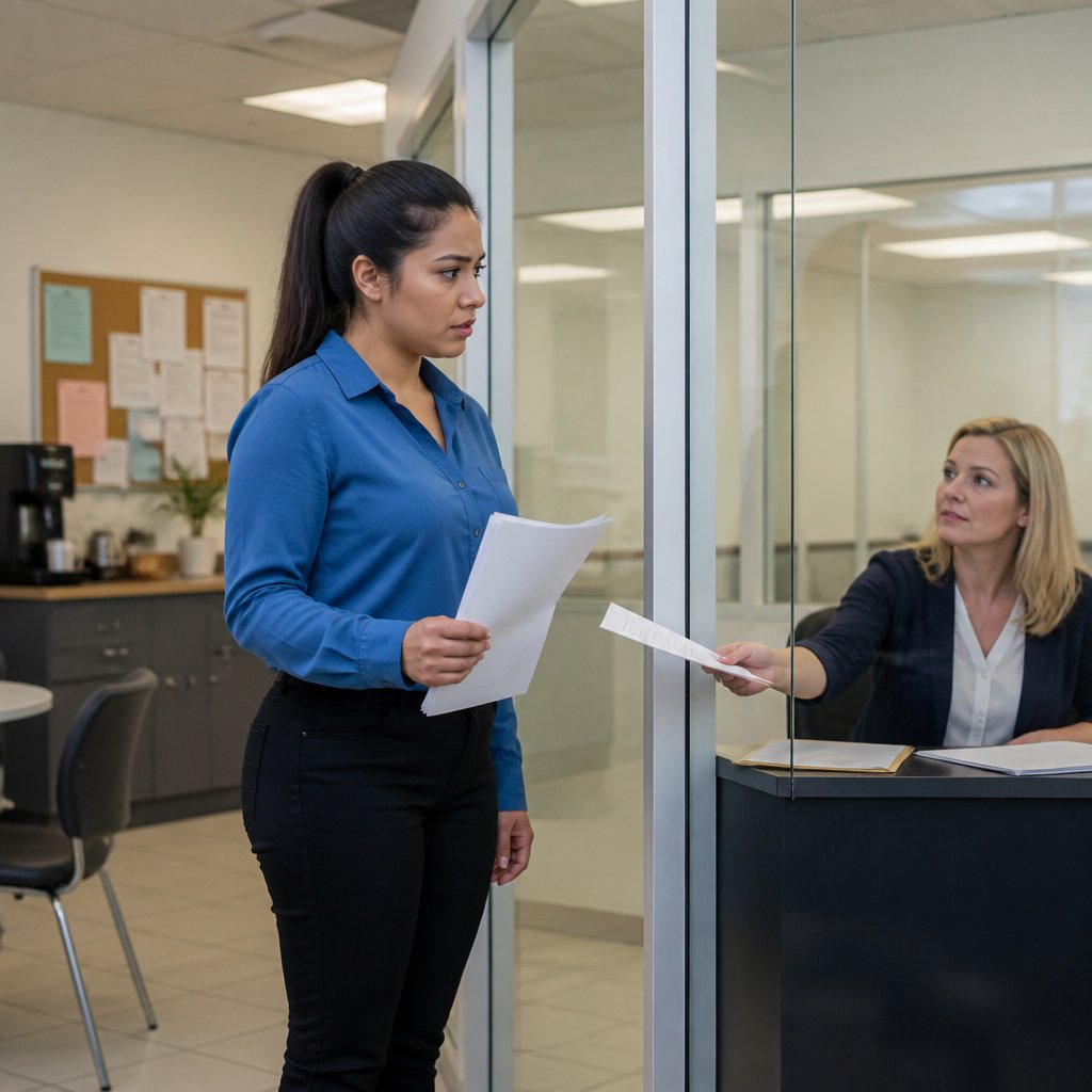 Latina woman receiving a document from an HR manager through a glass office wall in a corporate break room.