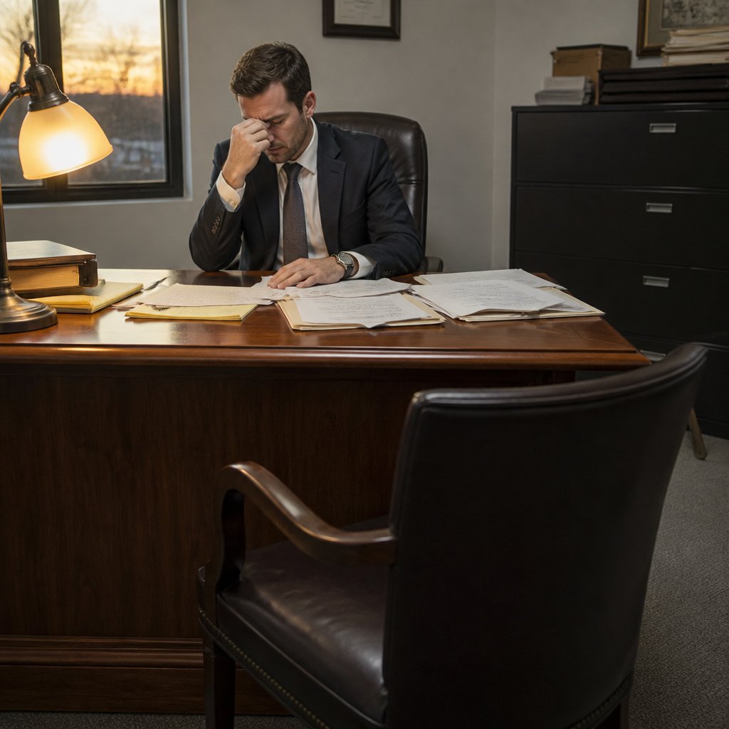 Lawyer at his desk pinching bridge of his nose in frustration at legal dead end