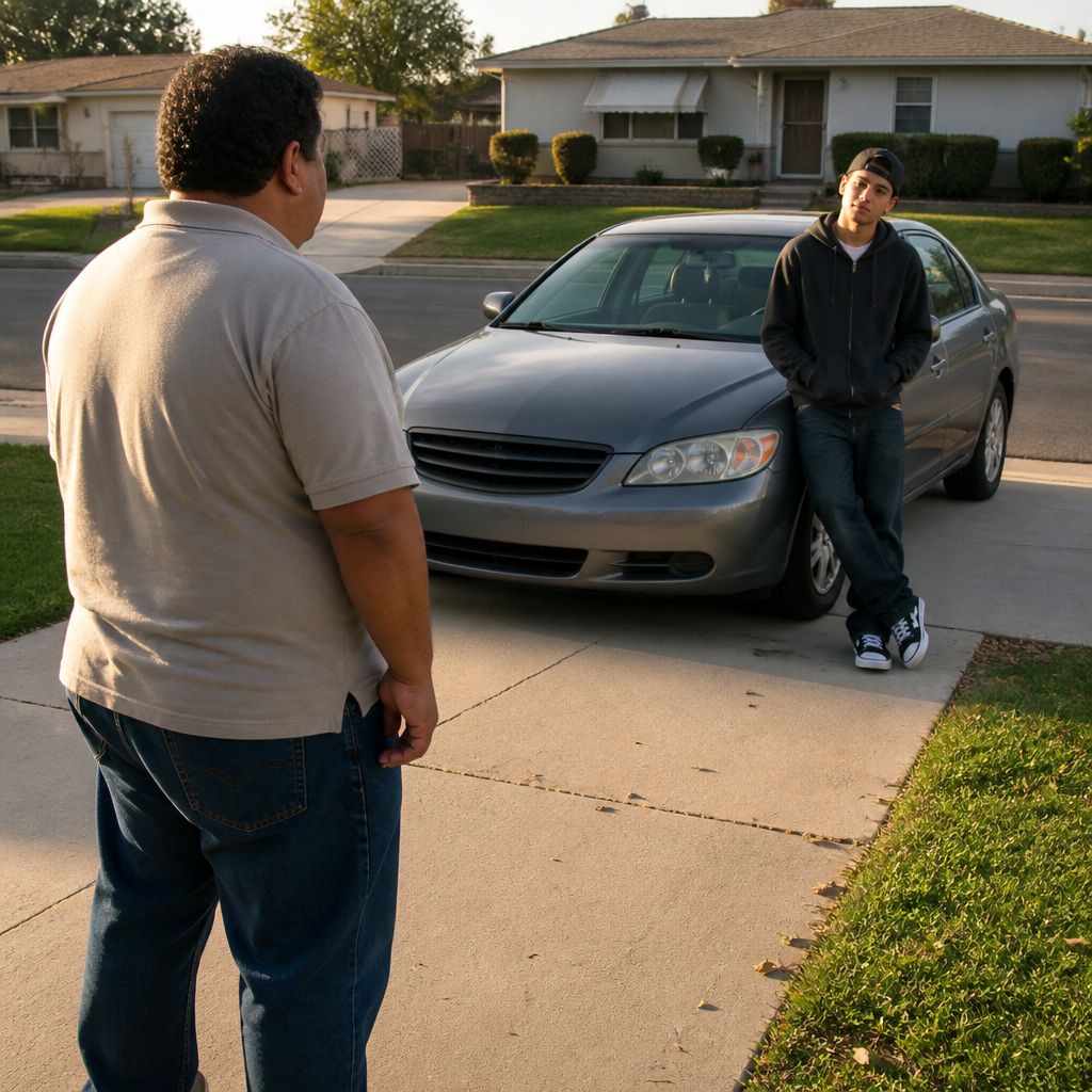 Man confronting a young man blocking driveway in suburban neighborhood.