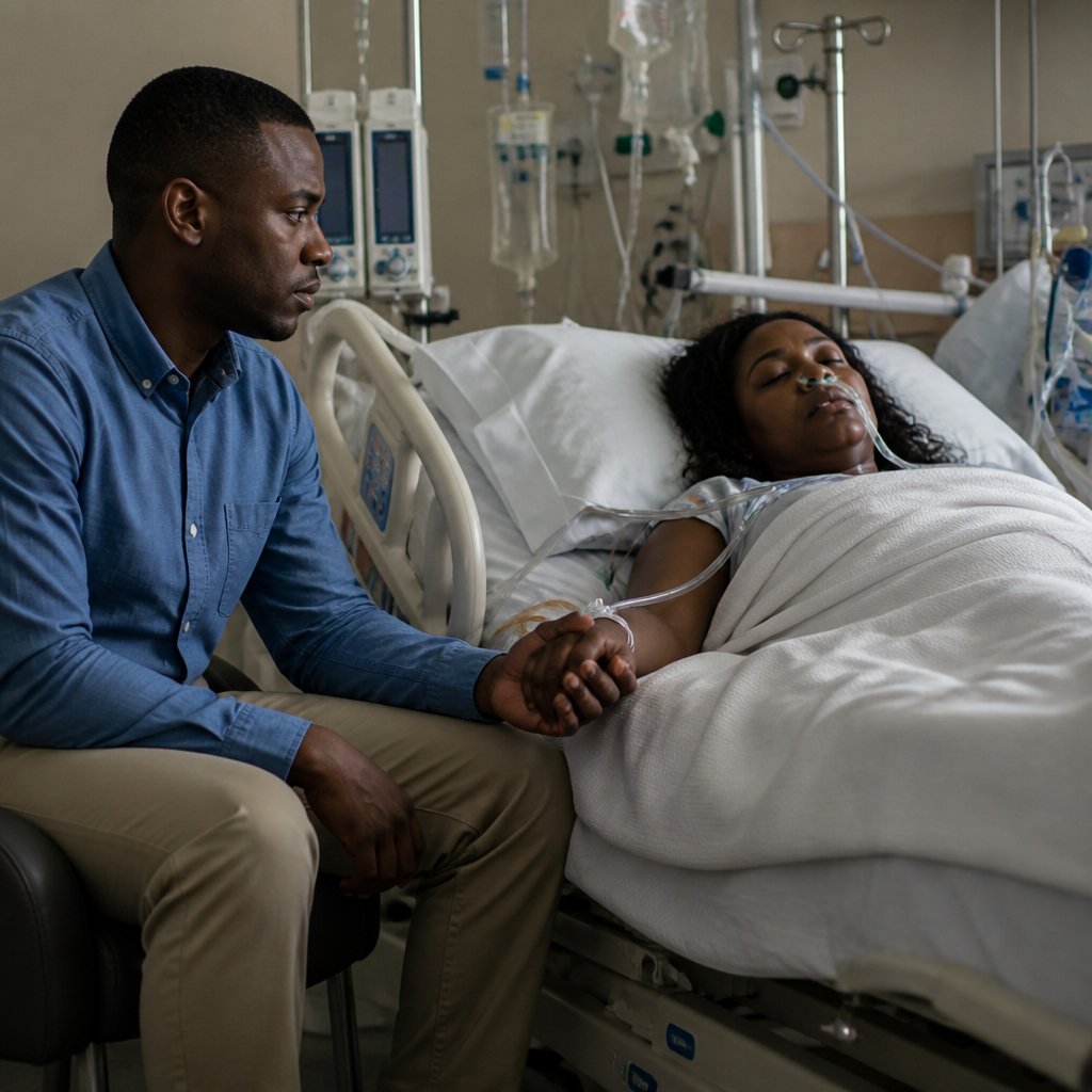 Man holding his unconscious wife's hand in an ICU room, looking worried.