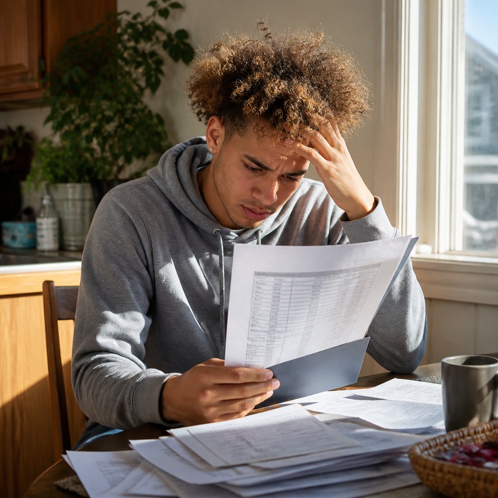 Frustrated young man holding spreadsheet at kitchen table