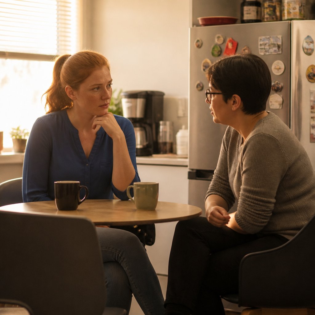 Two women talking quietly in an office break room, appearing concerned.