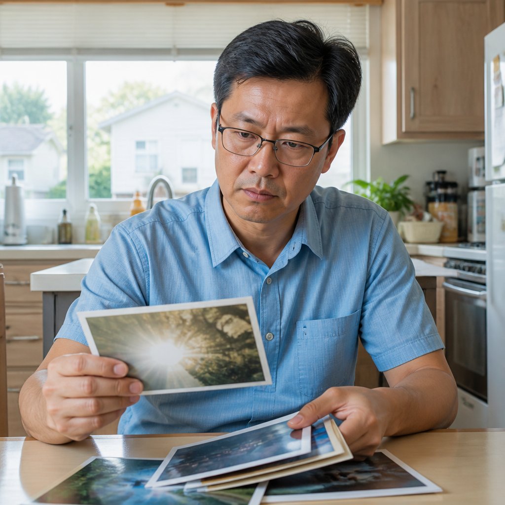 Man reviewing printed photos of sunlight glare reflections at kitchen table