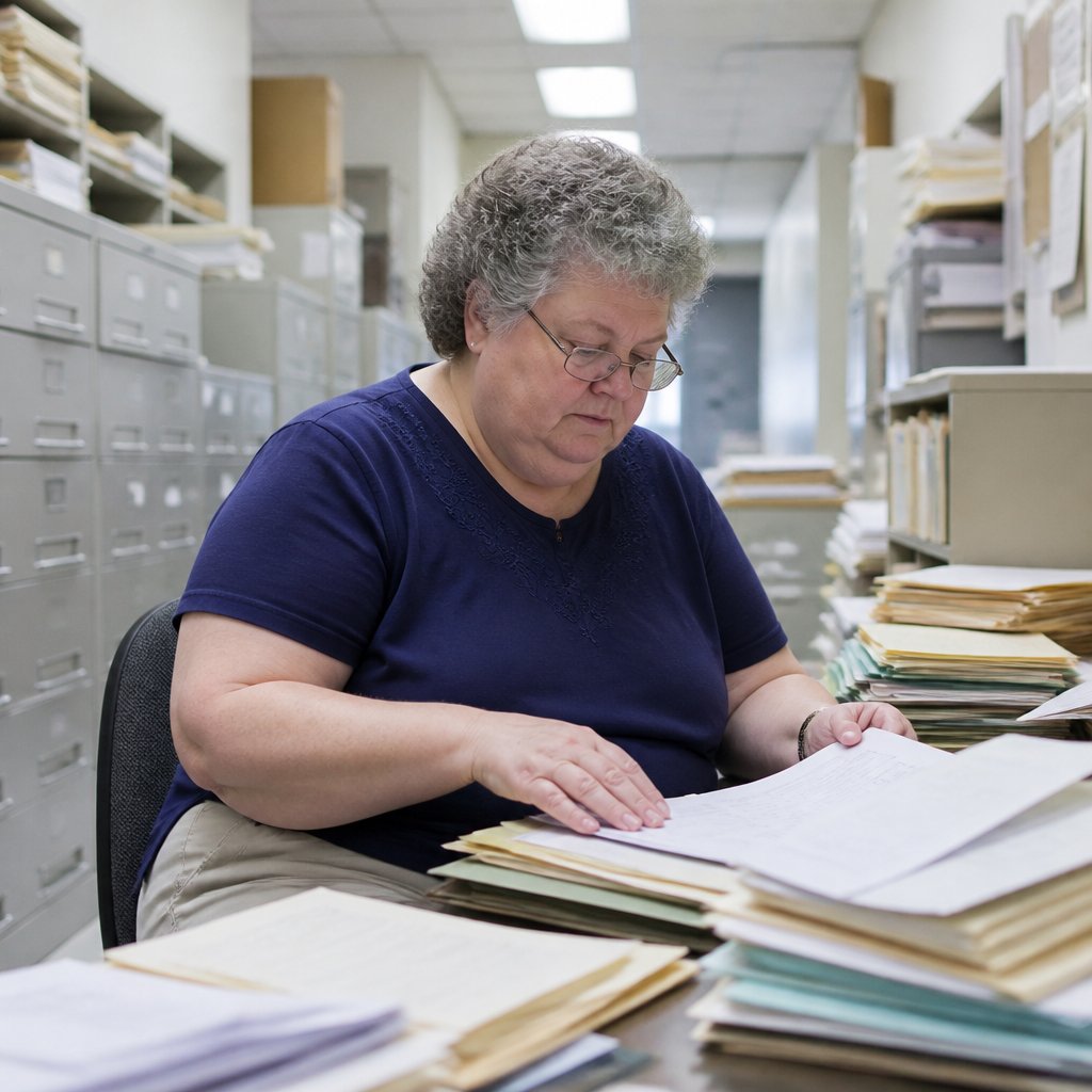 A concerned woman reviewing medical charts in a hospital records room.