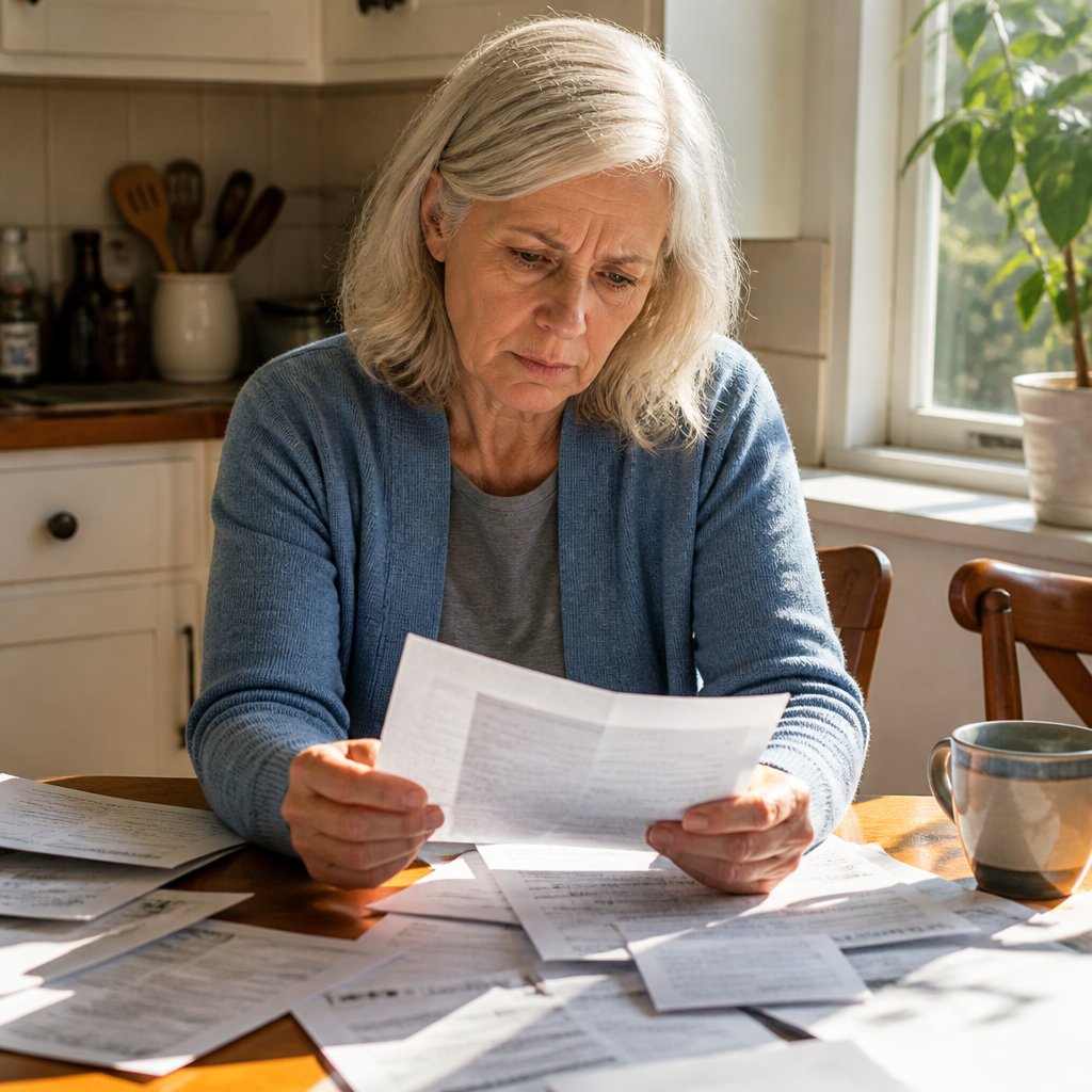 A woman in her 60s reading insurance denial letters at her kitchen table, looking worried.