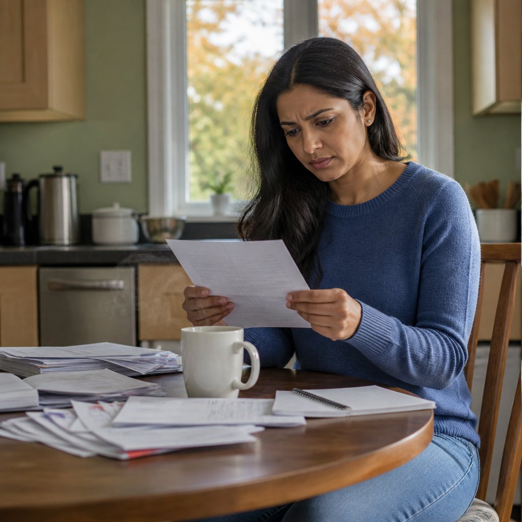 Woman reading a formal letter with concern at a kitchen table surrounded by papers.
