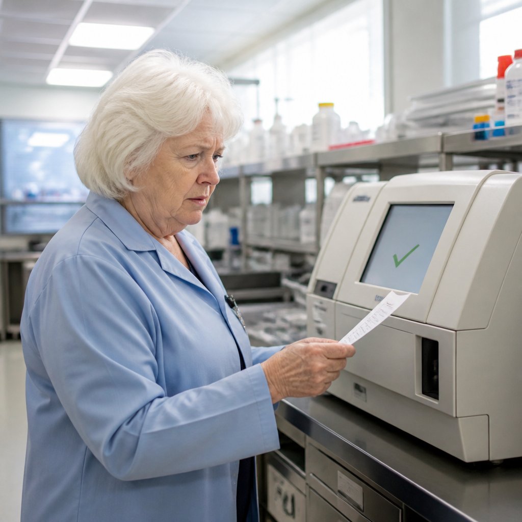 Older white woman in lab coat looking puzzled at QC instrument showing a green check mark