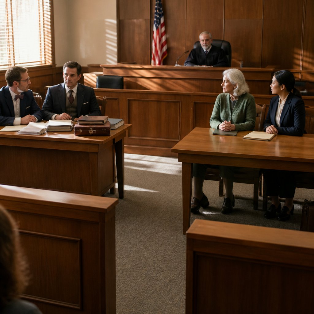 Stark contrast between over-prepared plaintiff's table and simply-dressed defendant in courtroom