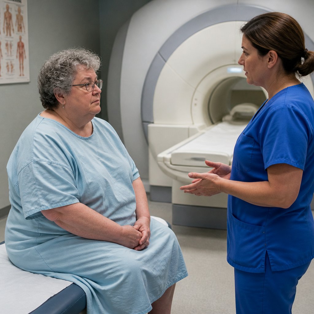 Woman in hospital gown receiving MRI diagnosis in clinic
