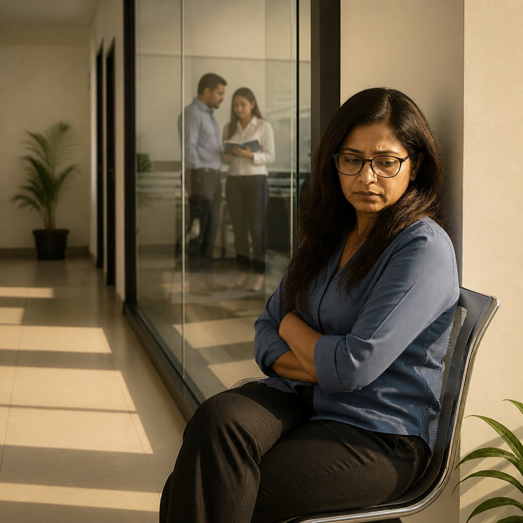 Woman waiting alone in a glass-walled HR lobby looking frustrated while two HR staff discuss behind the glass.