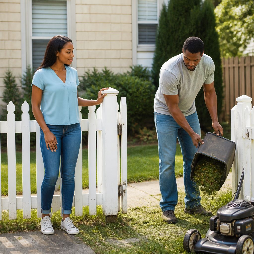 Woman watching man mowing grass near white picket fence in suburban yard.