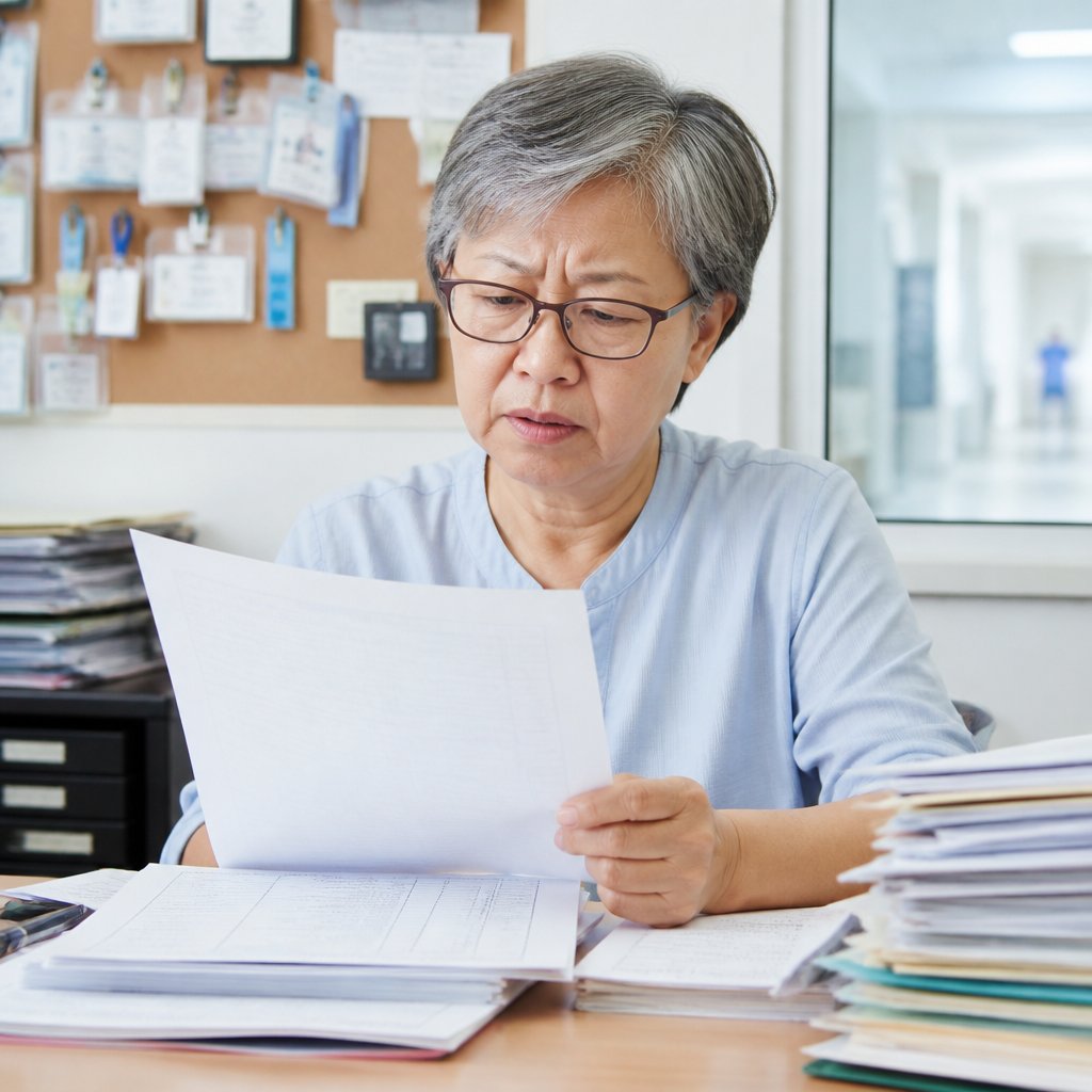Older East Asian woman reviewing hospital audit logs with concern at a cluttered desk in a hospital records office.