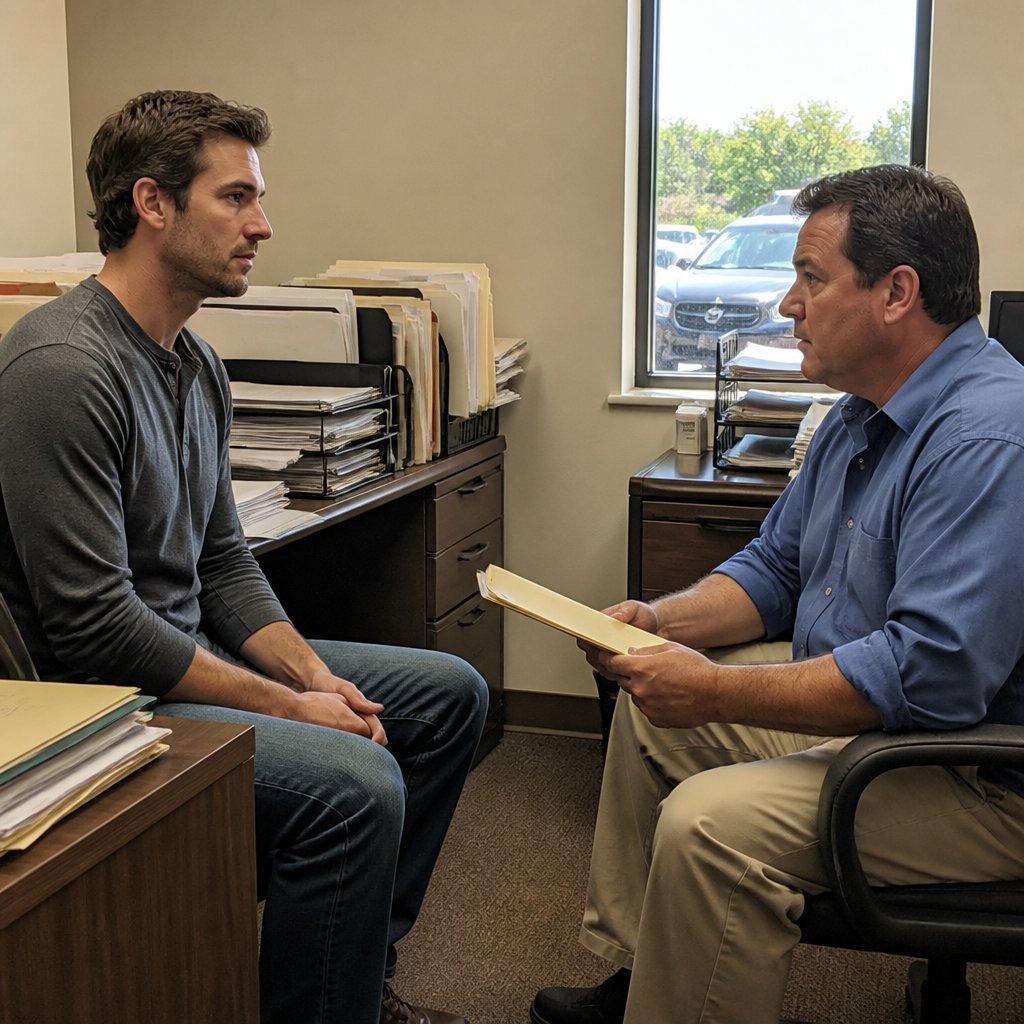 Derek and a stocky attorney in a cluttered strip-mall office discussing legal papers.
