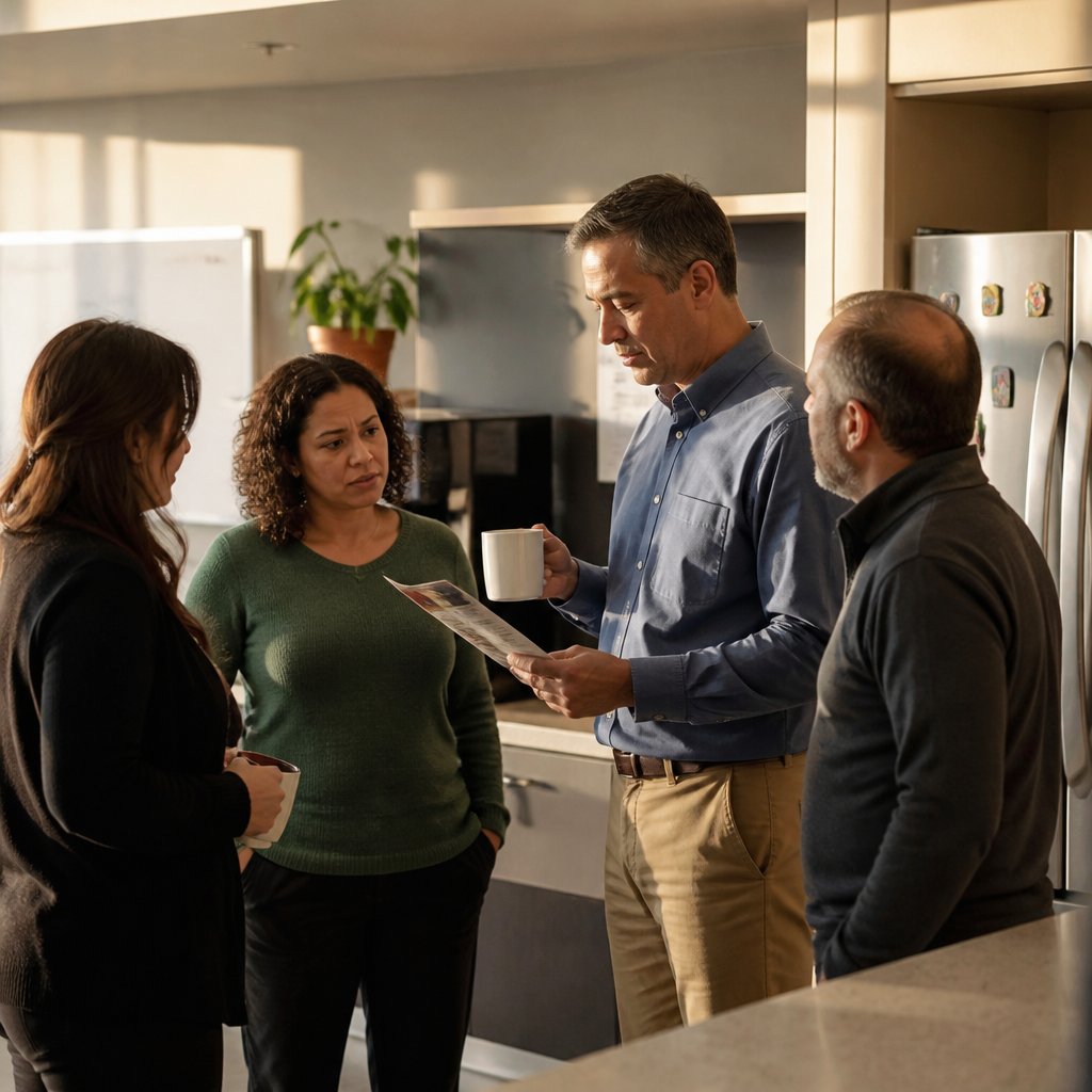 Employees discussing new phone monitoring policy in office break room